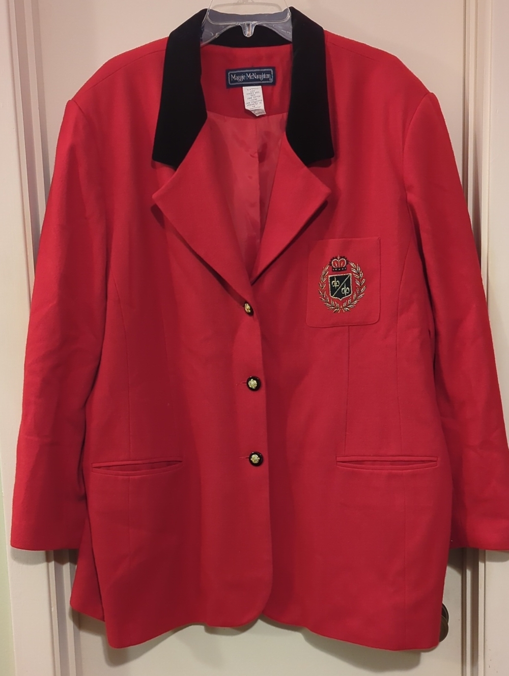 Vintage Maggy London Red Blazer with Black Velvet Collar and Gold Buttons